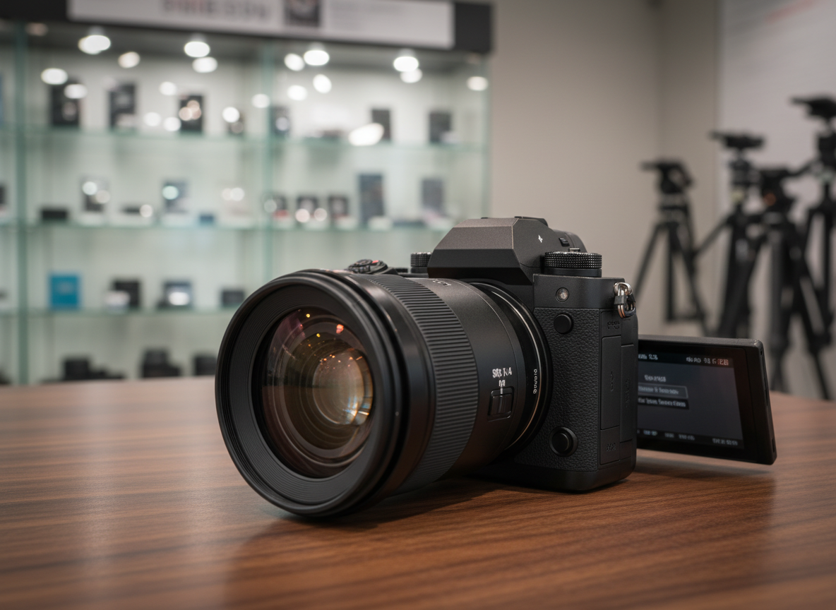 A close-up, photographic realism shot of a full-frame mirrorless camera with a fast prime lens resting on a clean, dark wooden tabletop inside a professional camera store. The camera body has a matte black magnesium alloy finish, clearly defined buttons, and a tilting LCD screen partially visible. The lens front element catches a subtle rainbow reflection from the store lights. In the softly blurred background, glass display cases with camera accessories and tripods are visible. Neutral, diffused store lighting from above and slightly behind creates a soft rim light along the camera’s top edge, enhancing its contours. The composition follows the rule of thirds, with the camera angled three-quarters toward the viewer. The mood is calm, precise, and technical, emphasizing craftsmanship and reliability.