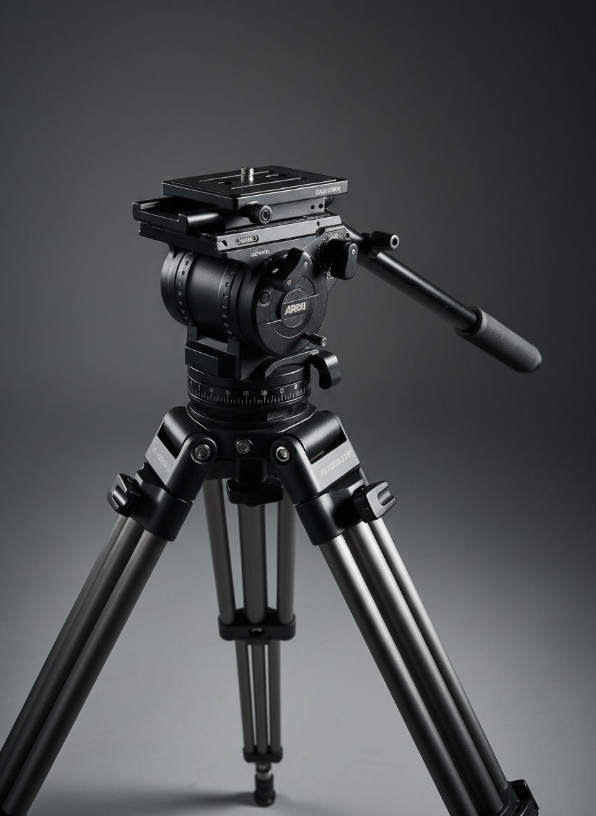 An ultra-realistic close-up of a professional video tripod and fluid head system standing on a subtly textured studio floor in a camera store demo zone. The tripod’s aluminum legs feature flip-lock mechanisms with visible brushed metal finishes, while the fluid head shows precisely machined knobs, pan bar, and a sliding quick-release plate with clear scale markings. Soft, controlled studio lighting from the upper left creates delicate highlights along the legs and head edges, with a clean, soft shadow falling to the lower right. The background is a gentle gradient from dark gray to lighter gray, suggesting a focused product showcase environment. Shot at a low, three-quarter angle to emphasize stability and engineering. The mood is solid, trustworthy, and professional, ideal for serious production work representations.