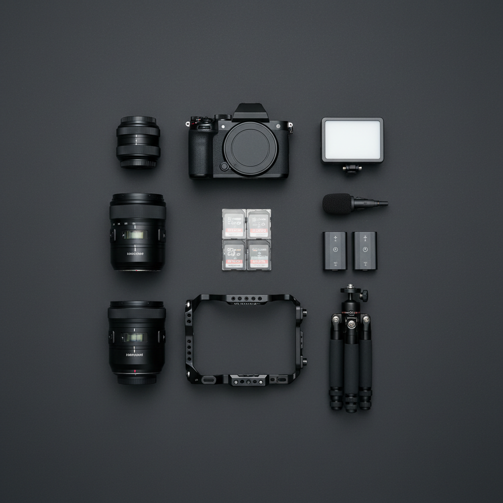 A top-down, photographic realism composition of a neatly organized flat lay of camera accessories for photographers and videographers on a smooth charcoal-gray backdrop. Items include a mirrorless camera body with body cap on, three interchangeable lenses arranged by size, a compact LED video light panel, a clip-on microphone, memory cards in labeled cases, extra batteries, a robust camera cage, and a compact travel tripod folded tightly. Each object is spaced evenly, with their logos minimized or obscured, focusing on form and function. Soft, diffused studio lighting from above eliminates harsh shadows while still providing subtle depth around each item. The mood is clean, methodical, and professional, conveying a sense of readiness for production work and showcasing the breadth of gear available in a modern camera store.