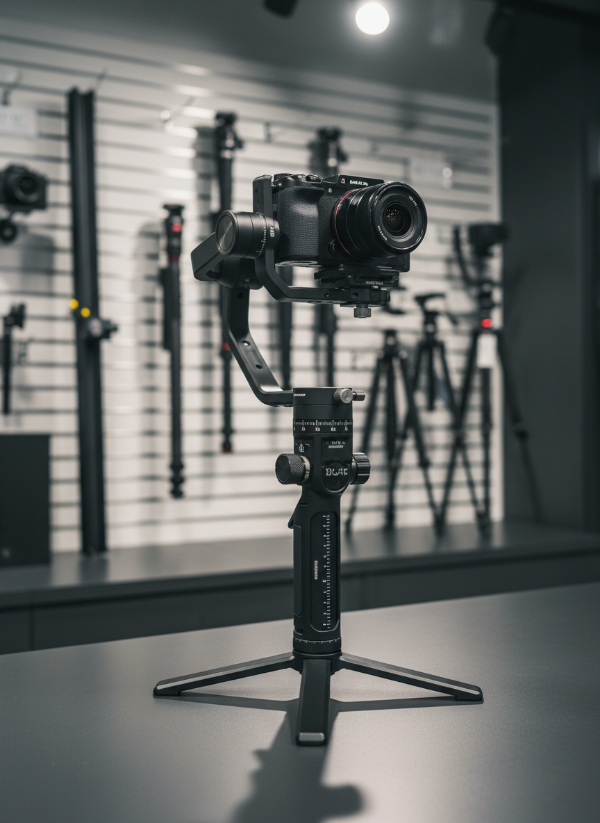 A professional, photographic realism image of a precision-balanced camera gimbal standing upright on a smooth, dark gray counter in a camera store’s demo area. A compact mirrorless camera is mounted on the gimbal, with visible adjustment markings along each axis arm. The gimbal’s matte black finish contrasts with subtle metallic accents on adjustment knobs and motor housings. In the softly blurred background, other stabilization tools like sliders and monopods are displayed on wall-mounted racks. Soft, directional lighting from above and slightly to the right creates defined but gentle shadows beneath the gimbal, emphasizing its structure without distraction. Shot at a slightly low angle to make the device feel robust and engineered. The mood is innovative and dynamic, reflecting cutting-edge production technology for smooth, cinematic footage.