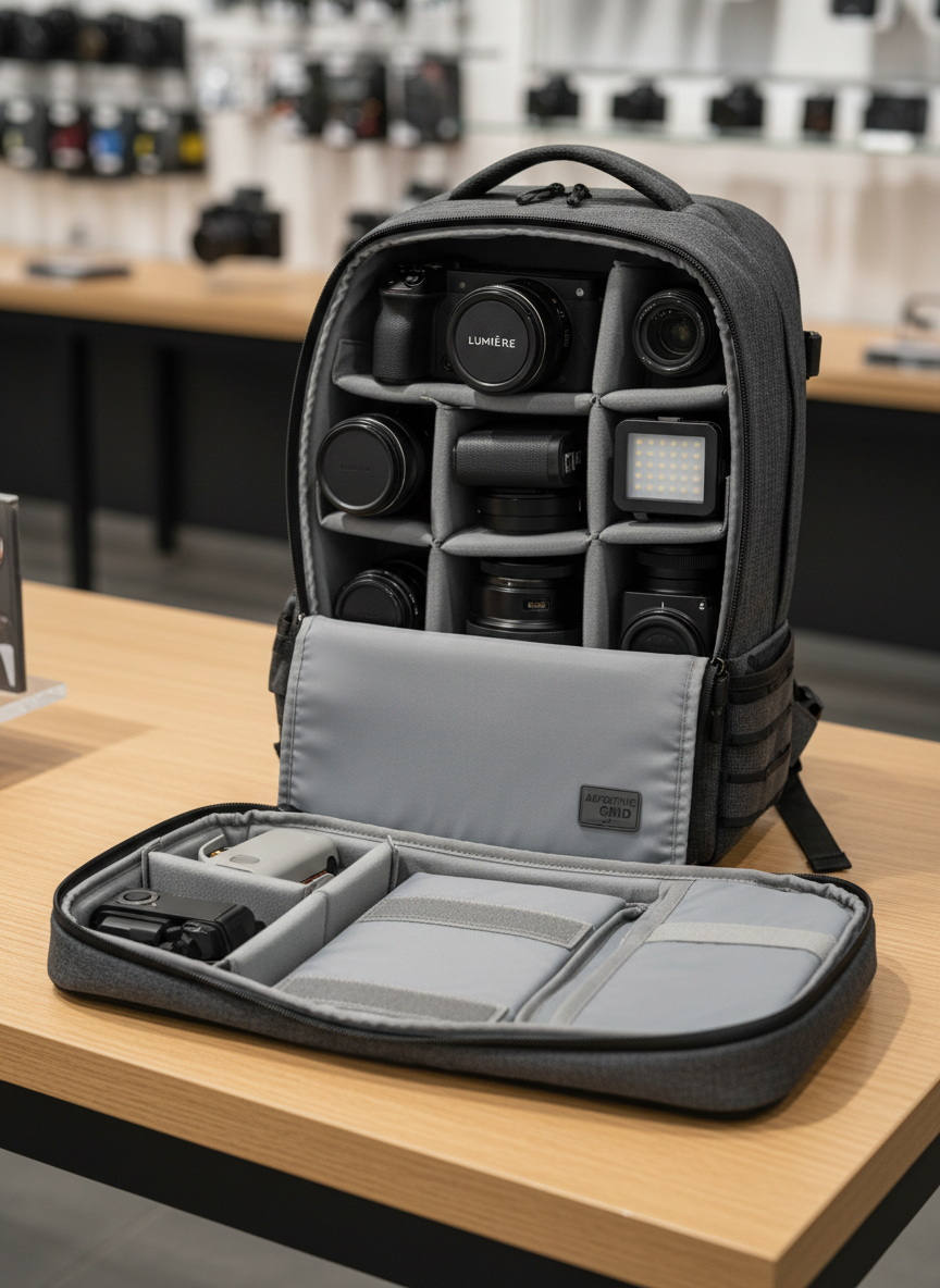 A realistic scene of a modular camera backpack and gear storage solution displayed on a light oak table in a camera store. The backpack stands upright, unzipped to reveal a neatly arranged interior with padded, velcro-adjustable dividers cradling a camera body, two lenses, a compact drone, and a small LED light. Next to it lies a second open insert showing more configurable compartments. The exterior fabric has a durable, water-resistant texture with reinforced stitching and understated branding. Gentle, even store lighting from overhead combined with a bit of soft side light from the left creates mild, natural shadows that emphasize depth inside the compartments. Shot from a slightly elevated three-quarter angle with moderate depth of field, keeping both interior and exterior in focus. The mood is practical, organized, and travel-ready, appealing to working photographers and videographers.