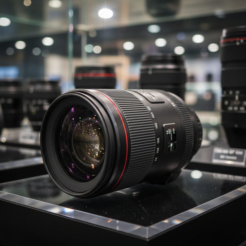 A meticulously lit, ultra-realistic close-up of a premium zoom lens on a reflective black acrylic surface in a camera store’s premium display area. The lens barrel features finely engraved focal length and aperture markings, a smooth zoom ring with grippy rubber texture, and a metal mount catching a thin line of light. The front element has a deep, multi-coated sheen with subtle purple and green reflections. Behind it, softly blurred, are other lenses upright in a glass cabinet, their shapes and branding indistinct. A single overhead spotlight combined with subtle fill lighting from the front creates a dramatic, high-contrast look while preserving detail. Shot from a slightly low angle to make the lens appear powerful and essential. The atmosphere is luxurious, precise, and geared toward professional users.