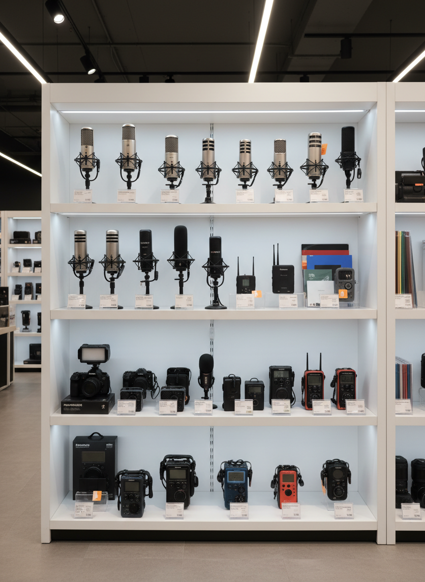 A realistic image of a dedicated audio and lighting corner within a professional camera store, showcasing production essentials for videographers. On a clean white shelving unit, various on-camera microphones, wireless audio kits, portable audio recorders, and compact LED light panels are arranged in tidy rows, each on its own small stand. Adjacent shelves show colored gel packs and light modifiers stacked neatly. Neutral, even LED store lighting from above and integrated shelf lights highlight the textures of metal grilles, plastic housings, and frosted light panels without harsh shadows. Shot straight-on at eye level with sharp focus throughout, making product details clearly visible. The mood is organized and technical, suggesting a one-stop solution for complete production setups, presented in a clean, modern retail environment.