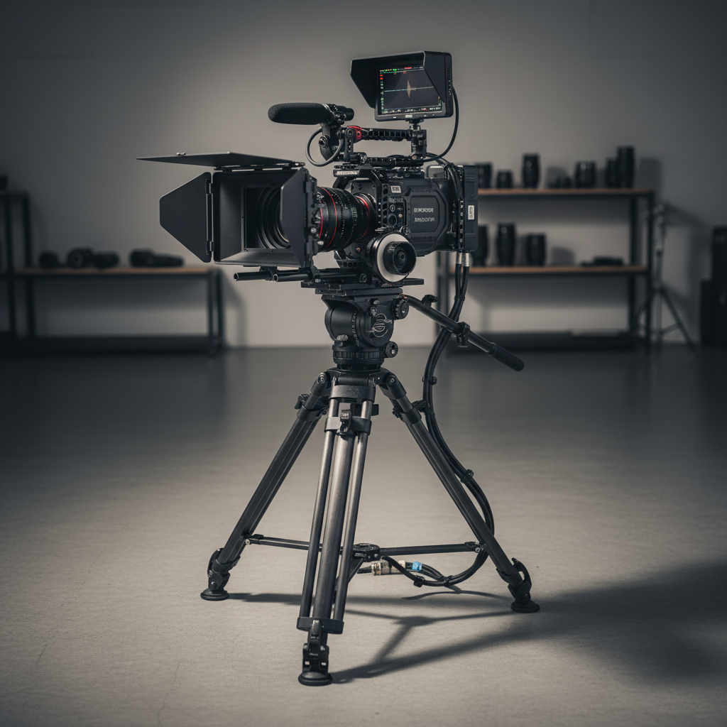 A detailed product-style image of a fully rigged cinema camera setup on a sturdy fluid head tripod in a dedicated test area of a camera store. The camera features a matte box with French flags, follow focus system, external monitor mounted on an articulating arm, and a compact shotgun microphone on top. Thick braided cables are neatly routed along the rig, secured by small clips. The tripod stands on a smooth, neutral gray studio floor with subtle texture. Soft, directional studio lighting from the left creates gentle highlights along the edges of the matte box and lens, with a clean gradient shadow stretching to the right. Photographic realism, framed in a centered composition with moderate depth of field keeps the rig in sharp focus while blurring a background hint of shelving with other production gear. The mood is technical, serious, and cinematic.